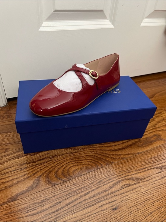 Stuart Weitzman Shoes - Stuart Weitzman Red Patent MaryJane Flat with Gold Buckle